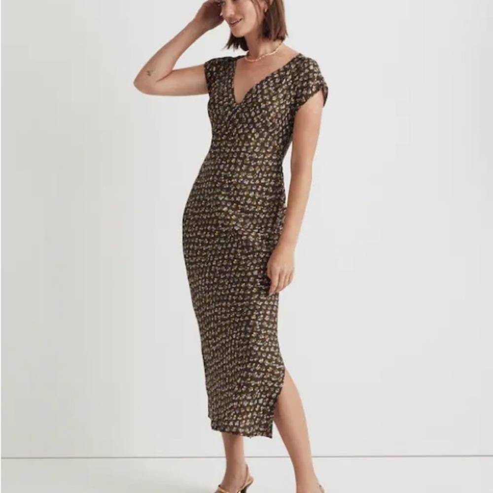 Madewell Floral Moss Green Midi‎ Dress Wide V-neck 8
